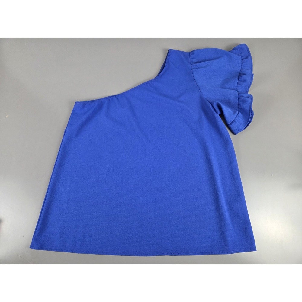 One Shoulder Ruffle Sleeve Blouse Sz L Royal Blue by Vine & Love Short‎ Sleeve